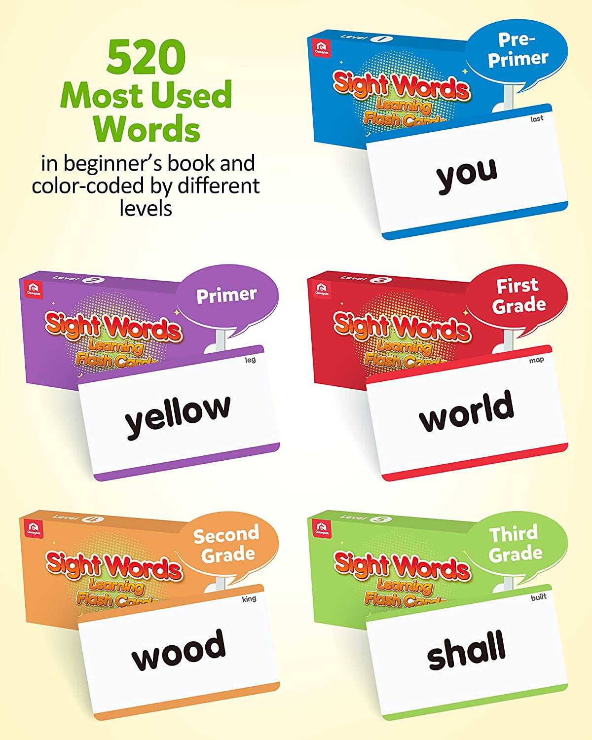 520 Sight Words Learning Vocabulary Flash Cards, Dolch Fry High Frequency Sight