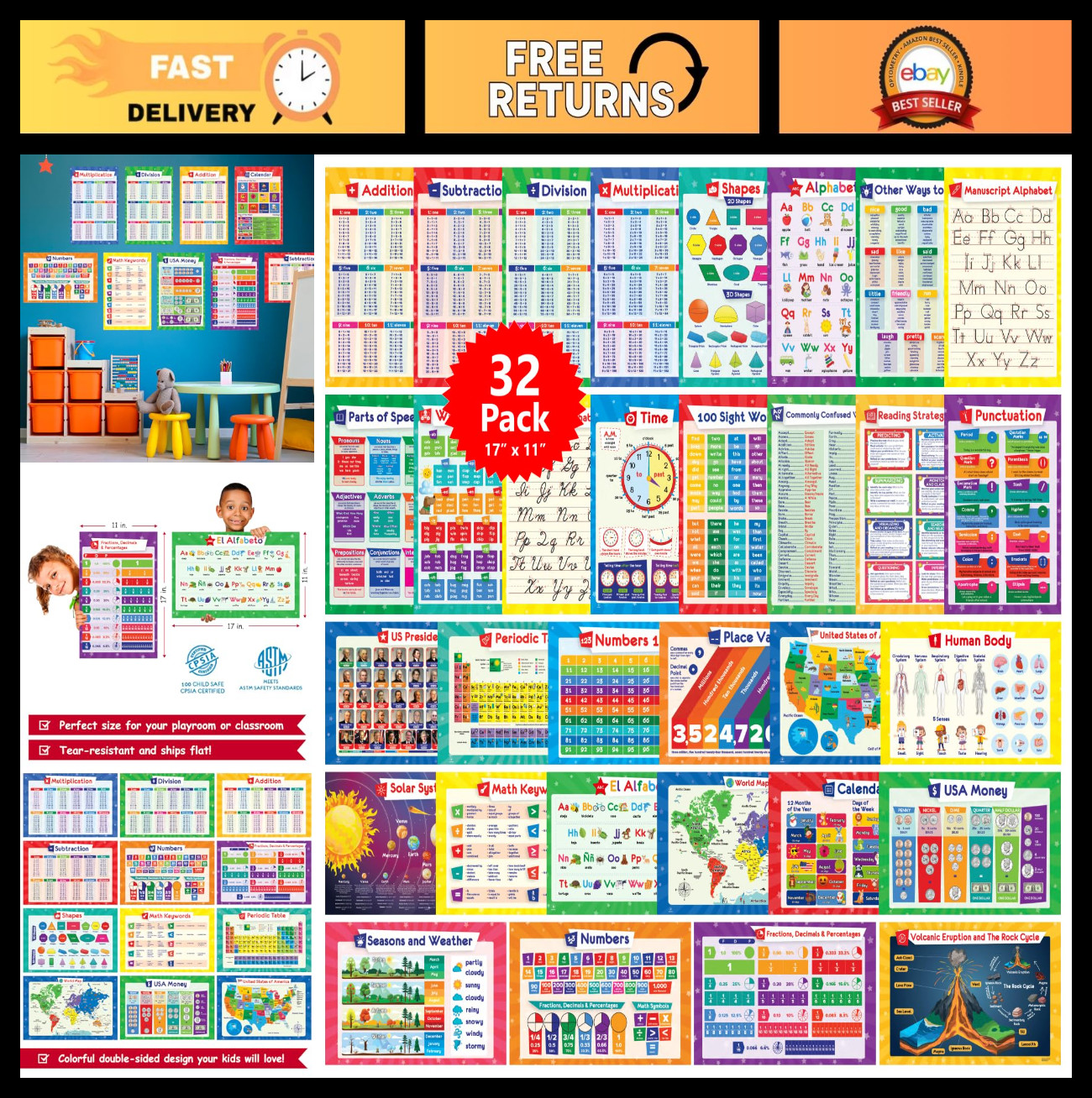 32 Educational Posters Set for Kids – 17×11 Multiplication, ABC, USA Map & More!