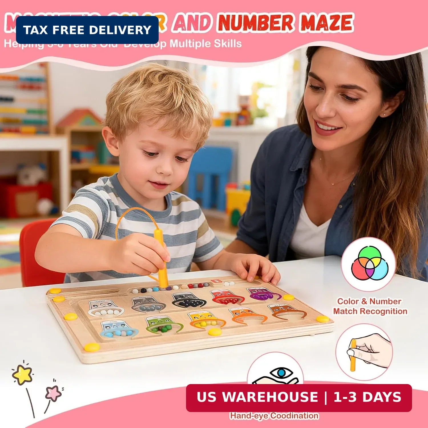 Magnetic Color & Number Maze Montessori Wooden Sorting Board Toy Age 3+ Gift Kid