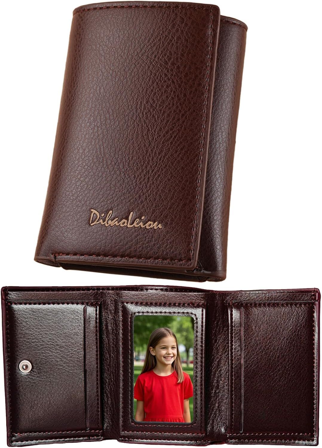 Trifold Wallet Men Women Soft Leather 4 Card Holder 2 Money Pockets with Photo