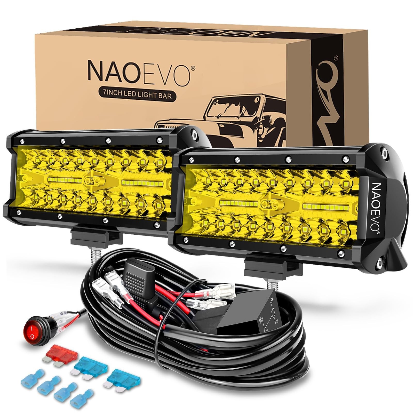 NAOEVO 7 Inch Yellow LED Light Bar, 240W 24,000LM Offroad Fog/Driving Lights …