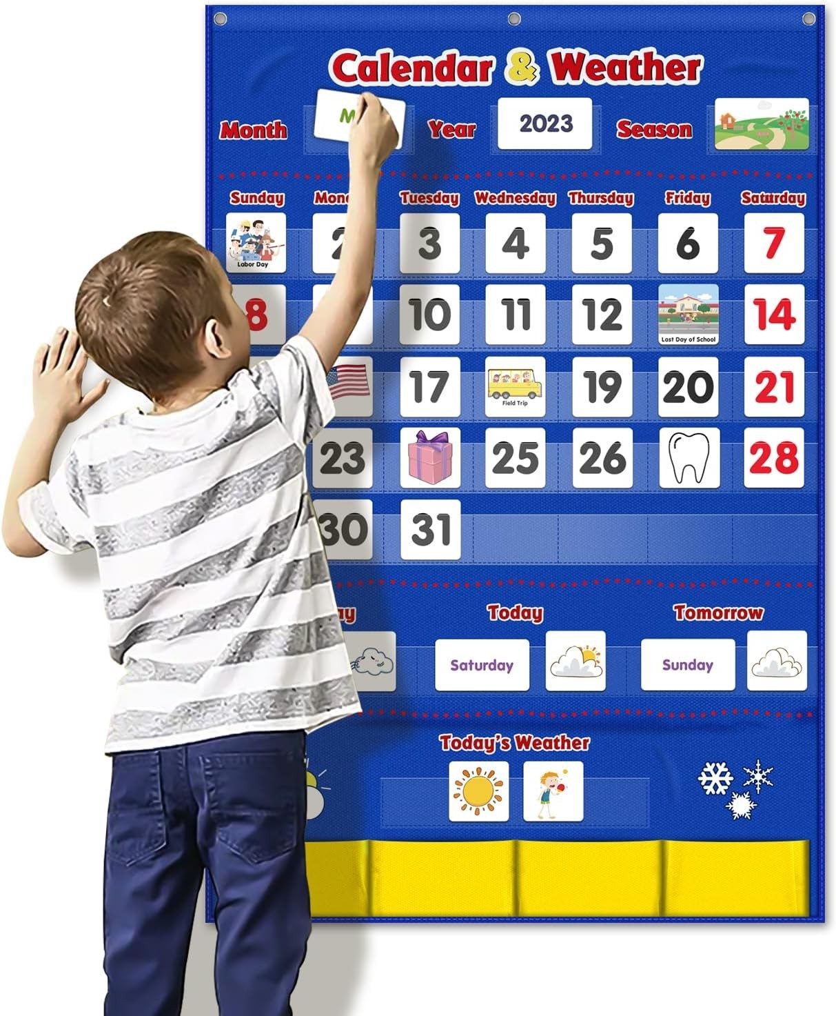 Durable Blue Calendar & Weather Pocket Chart for Preschool Learning – 149 Cards