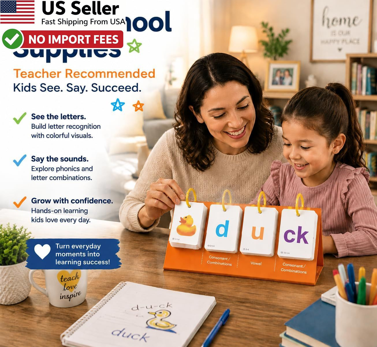 Phonics Flash Cards Sight Words Kindergarten 1st 2nd 3rd Grade CVC Word Builder