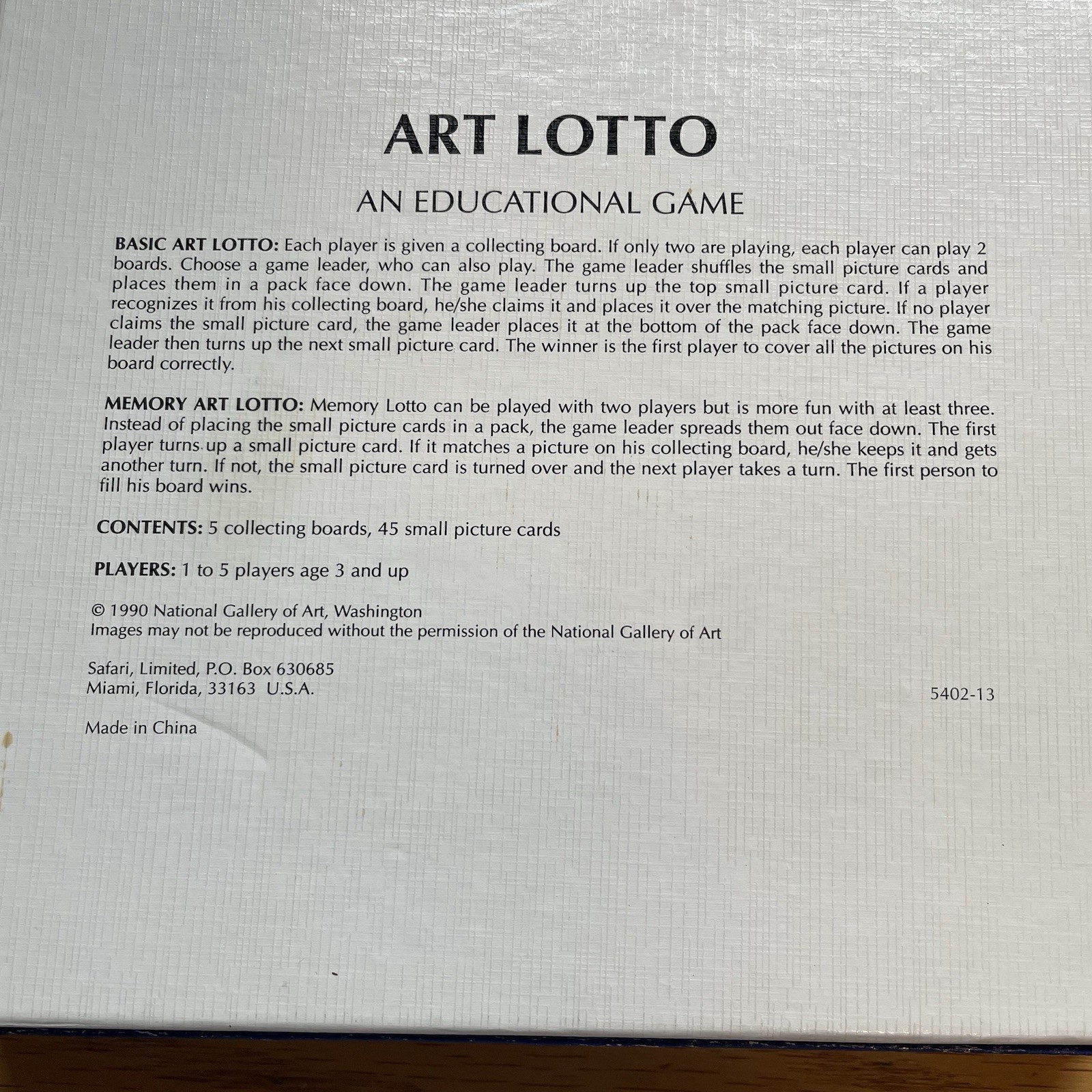 Art Lotto Educational Game Complete National Museum of Art 5 Boards 45 Cards