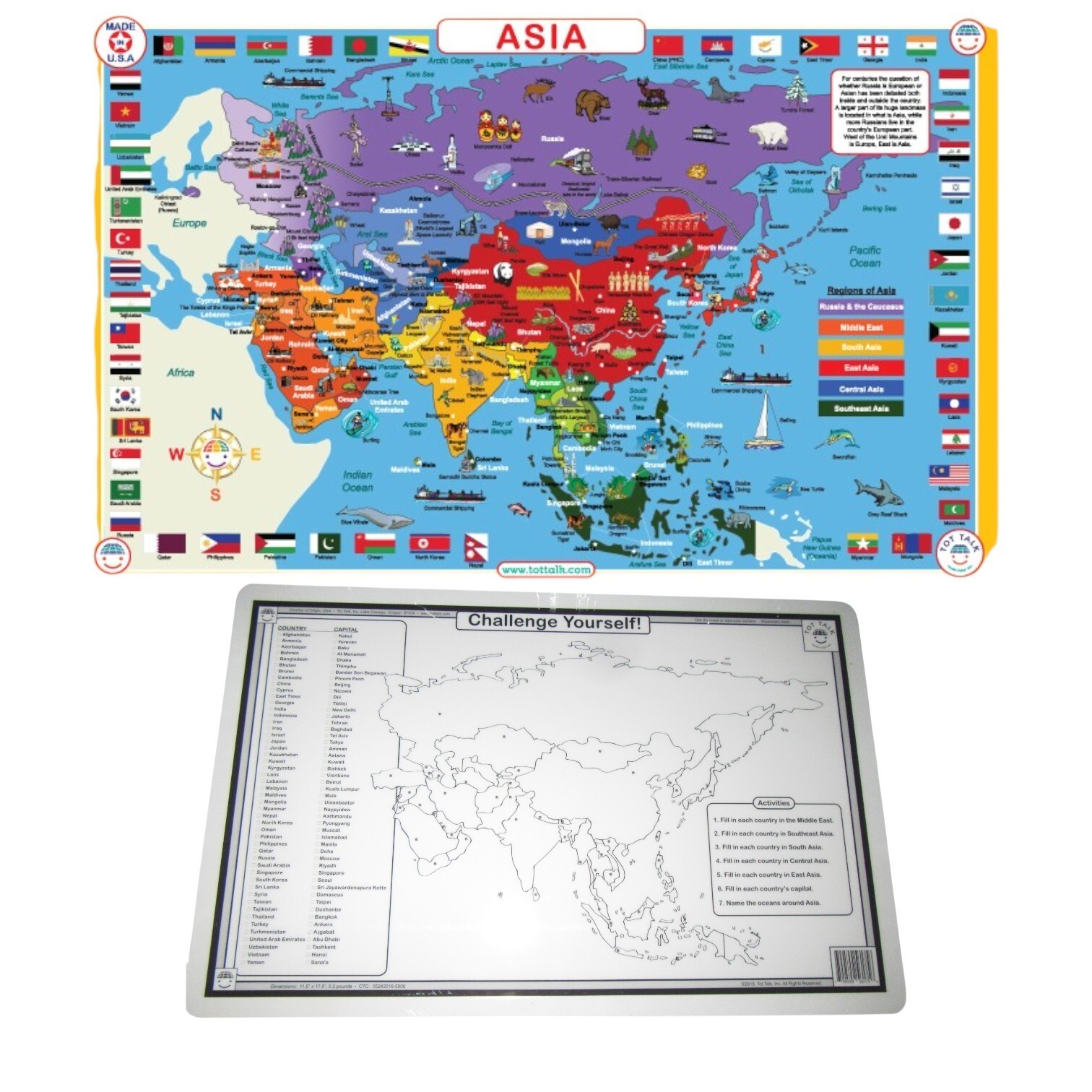 Asia Map Laminated Dry Erase Writable Washable Educational Placemat 11.5″x17.5″