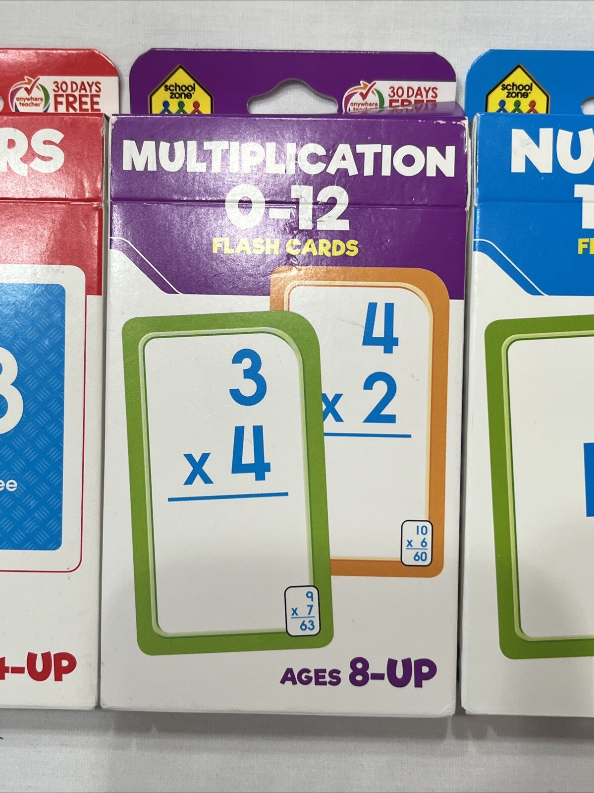 School Zone Ages 4 + Numbers 0-25 Multiplication 0-12 Numbers 1-100 Flash Cards