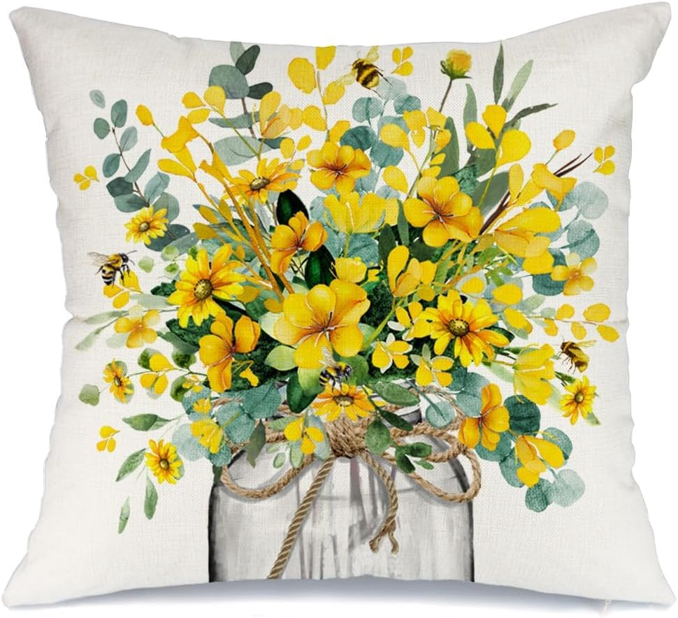Spring Pillow Cover 18×18 Inch Eucalyptus Flowers Decor Vase Bee Farmhouse Summe