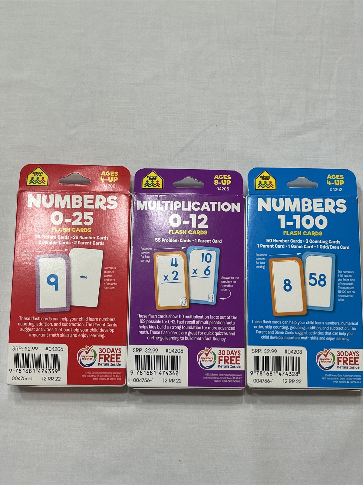 School Zone Ages 4 + Numbers 0-25 Multiplication 0-12 Numbers 1-100 Flash Cards