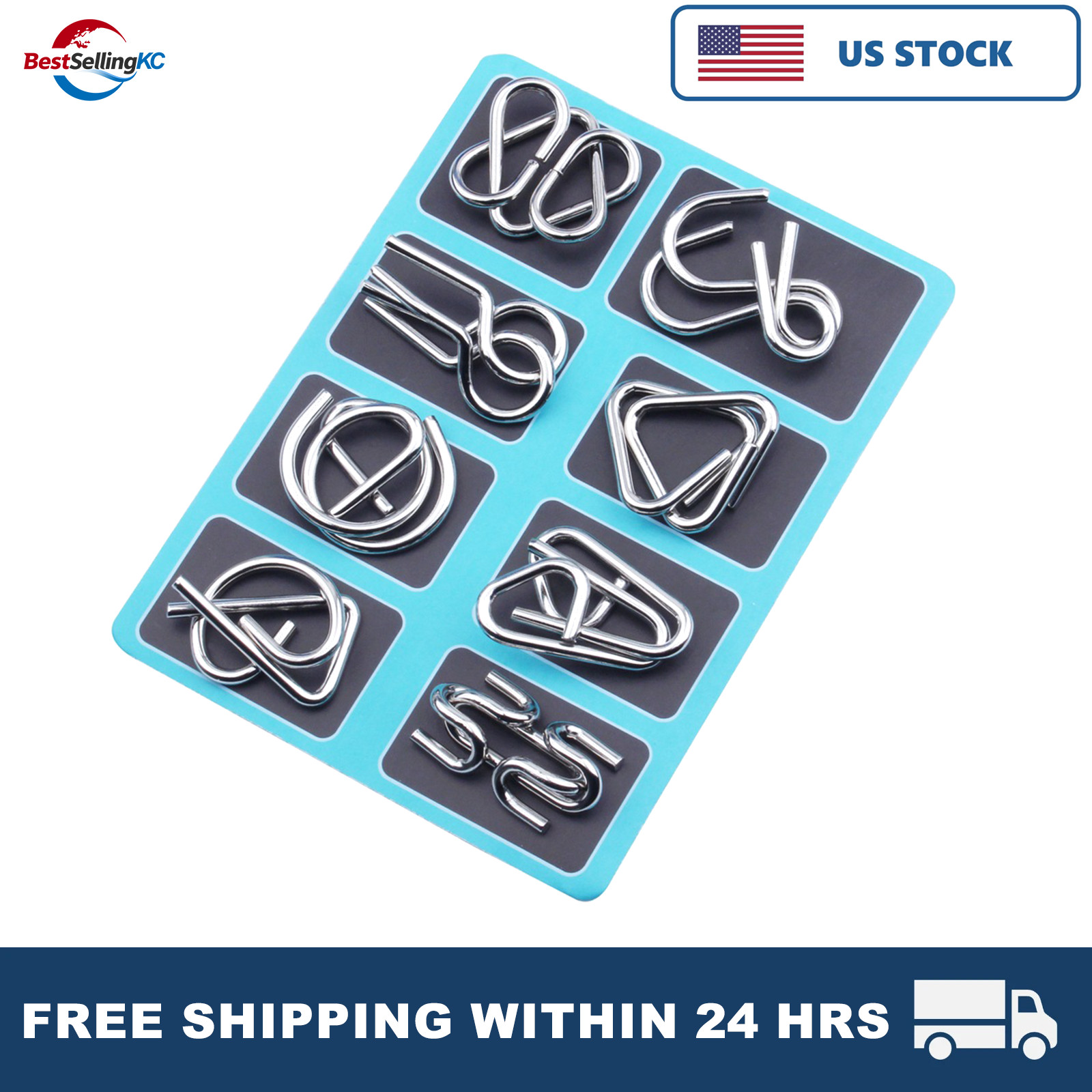 8PCS Metal Wire Puzzle Set Blue Brain Teaser Toy Educational Gift