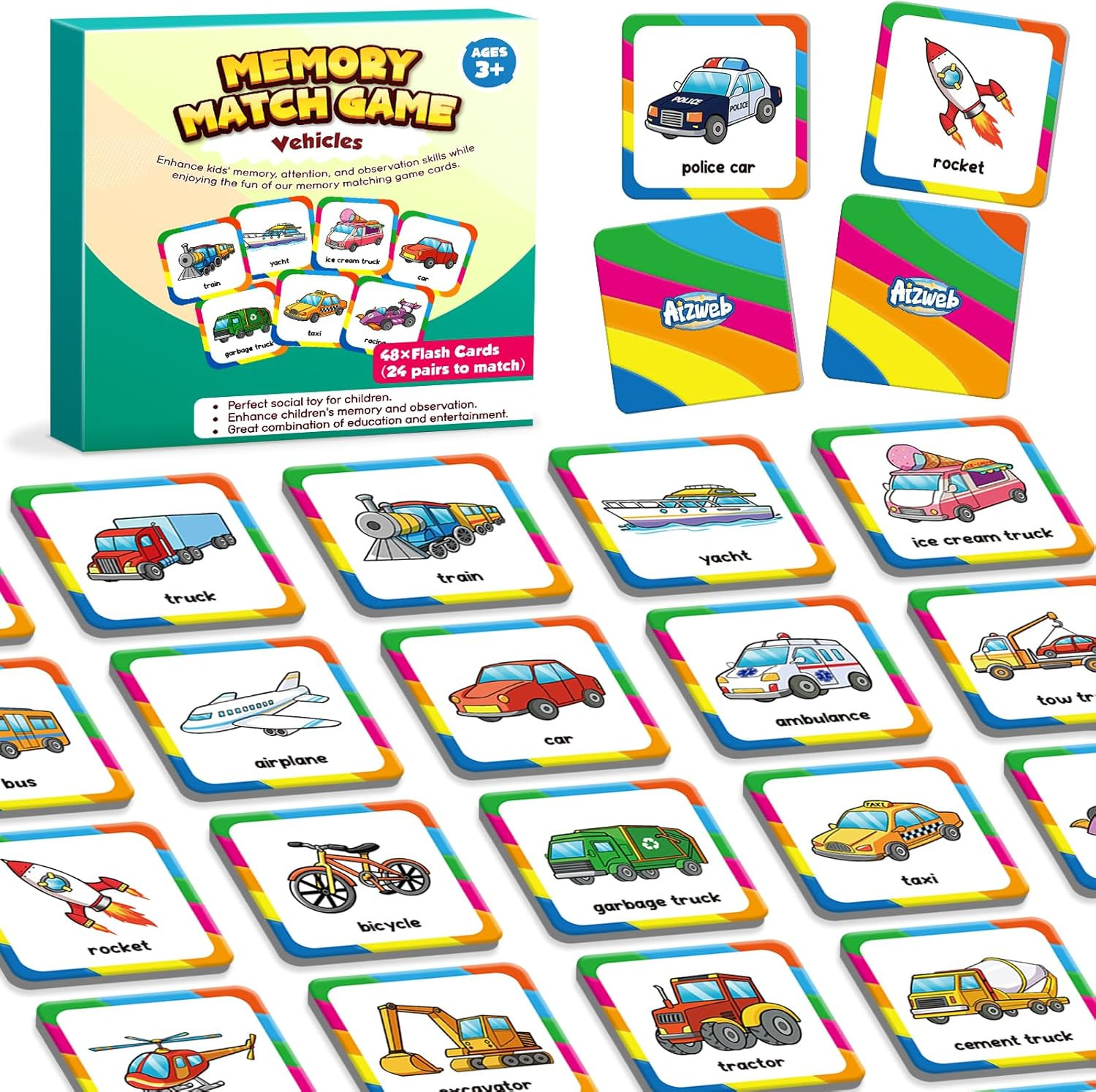 Aizweb Match Game,Memory Game, Vehicle 48 Pcs Toddler Card Games for Kids Ages