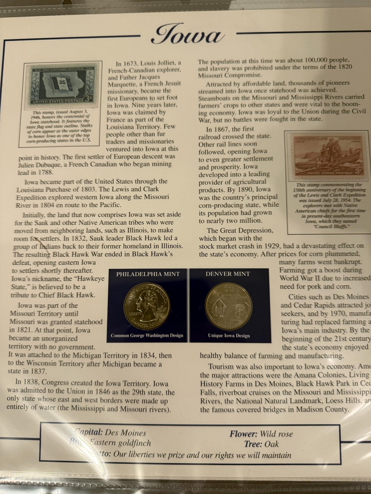 Iowa & Mississippi Statehood Quarter Set 2 Pack Coins Stamps 1846 1817