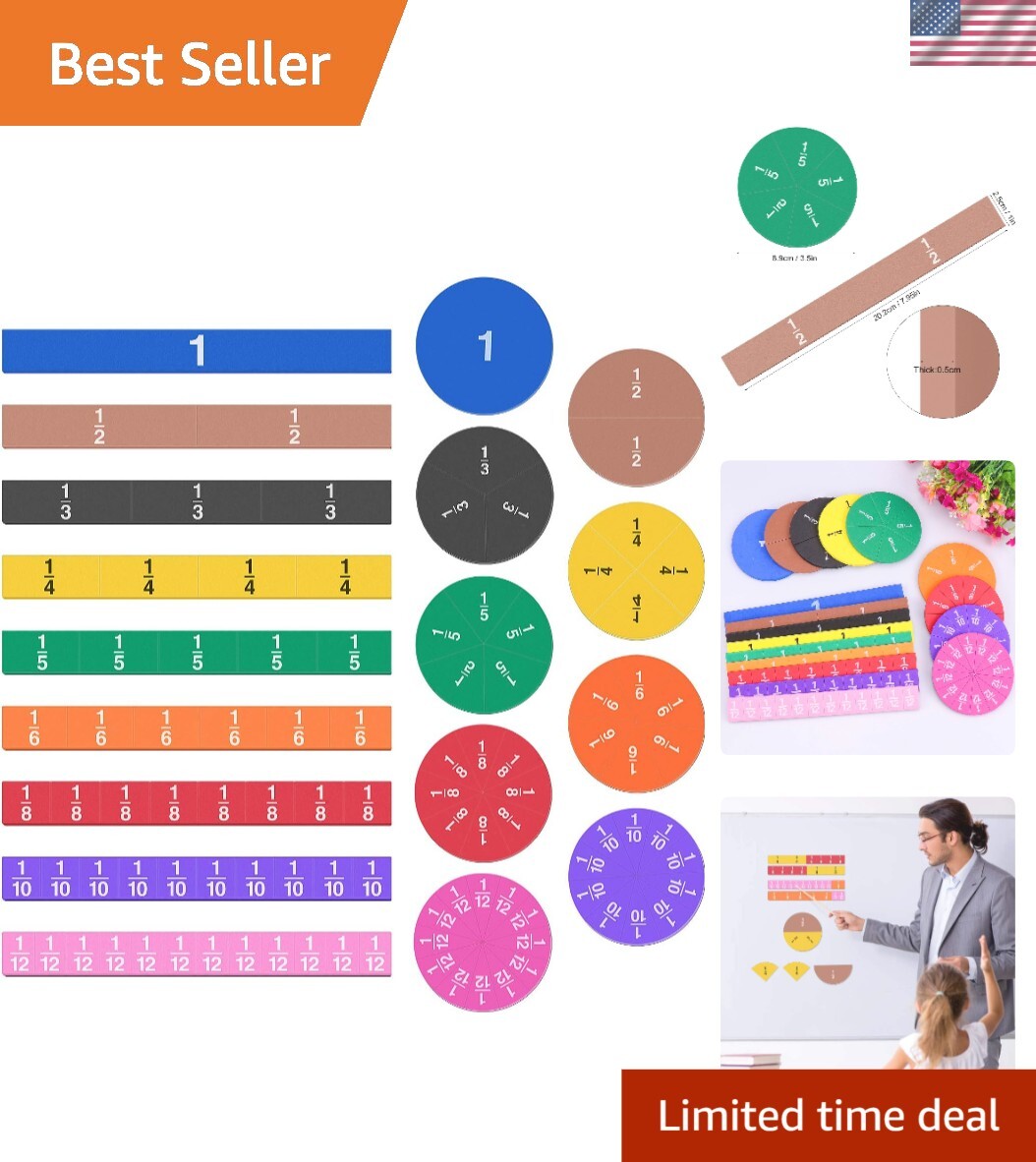 Interactive 102-Piece Fraction Manipulatives Set – Engaging Math for Grades 2-5