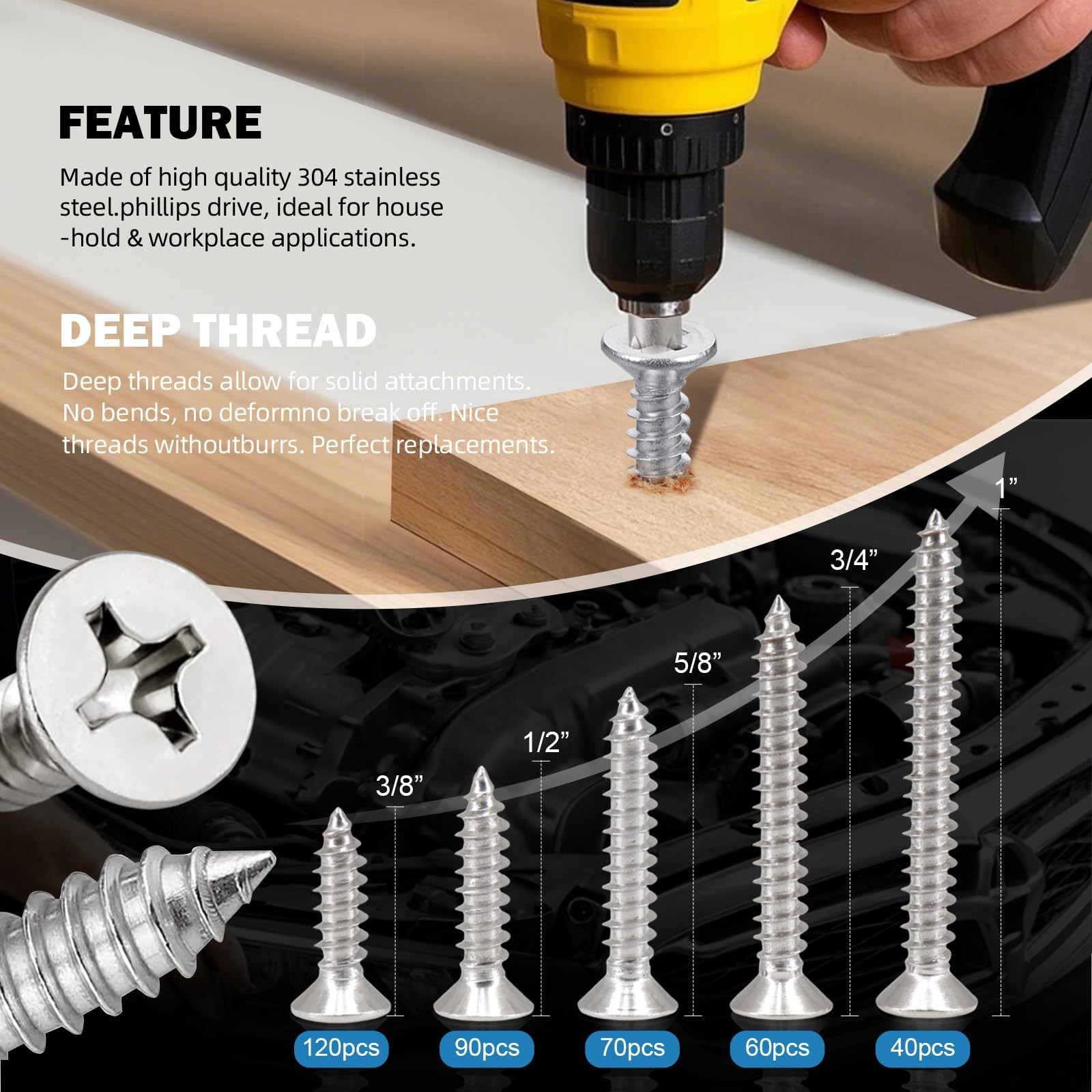 380Pcs #6 Self Tapping Screws Assortment Kit, 304 Stainless Steel Phillips Dr…
