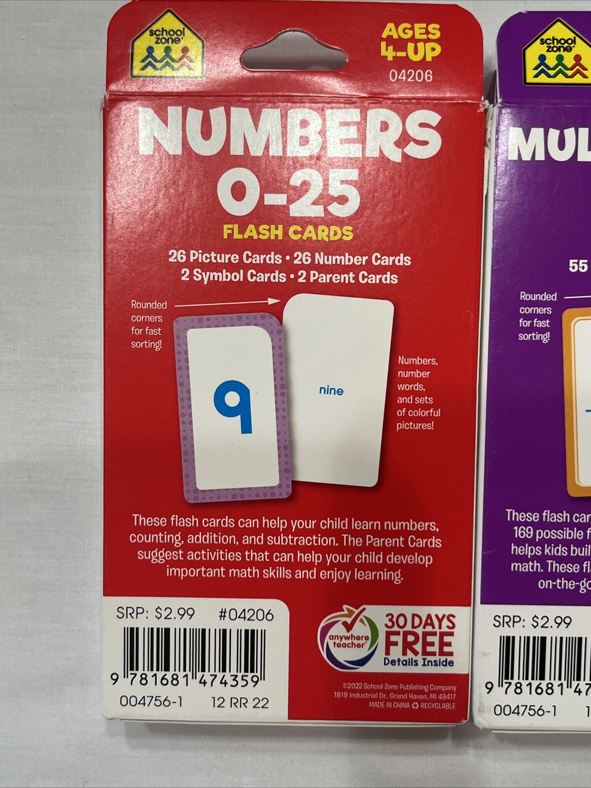 School Zone Ages 4 + Numbers 0-25 Multiplication 0-12 Numbers 1-100 Flash Cards