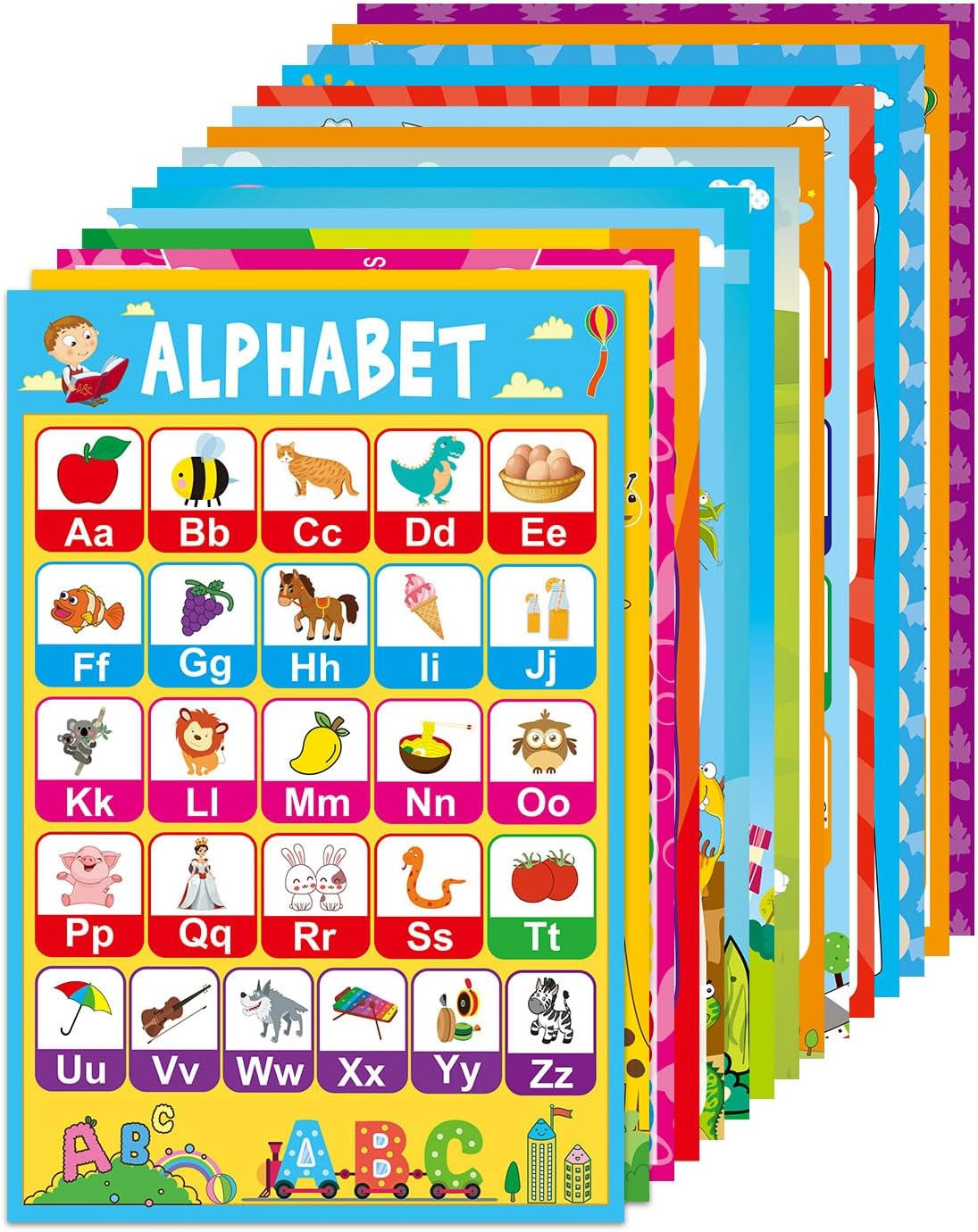 Educational Learning Posters Set 15 Pack Alphabet Numbers Shapes Colors Kids