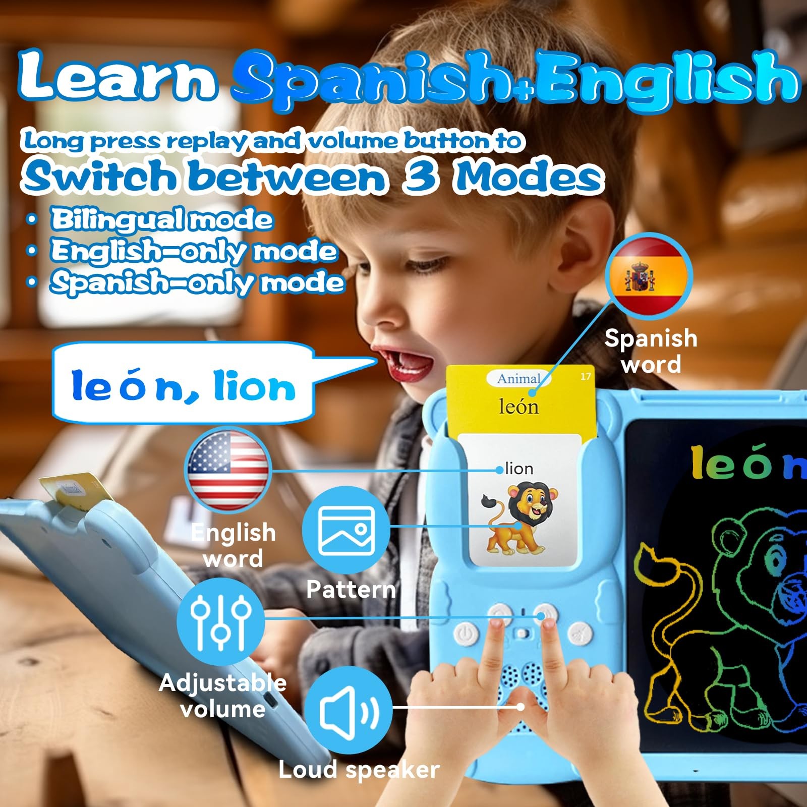 Talking English & Spanish Flash Cards – 8″ LCD Writing Tablet for Kids 3-12, …