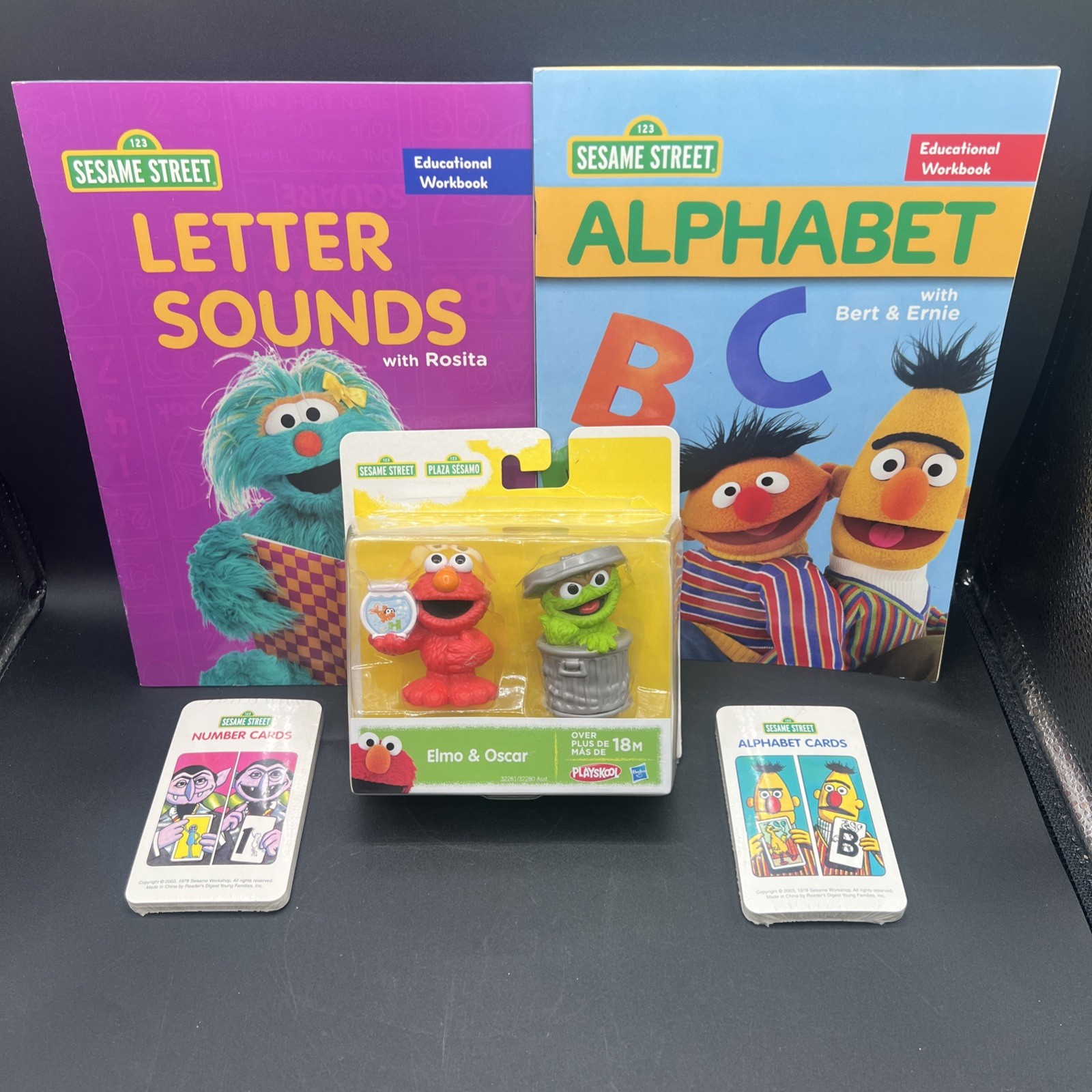 Set of 2 Vintage Sesame Street Number & Alphabet Flash Cards, 2 Workbooks & Toy
