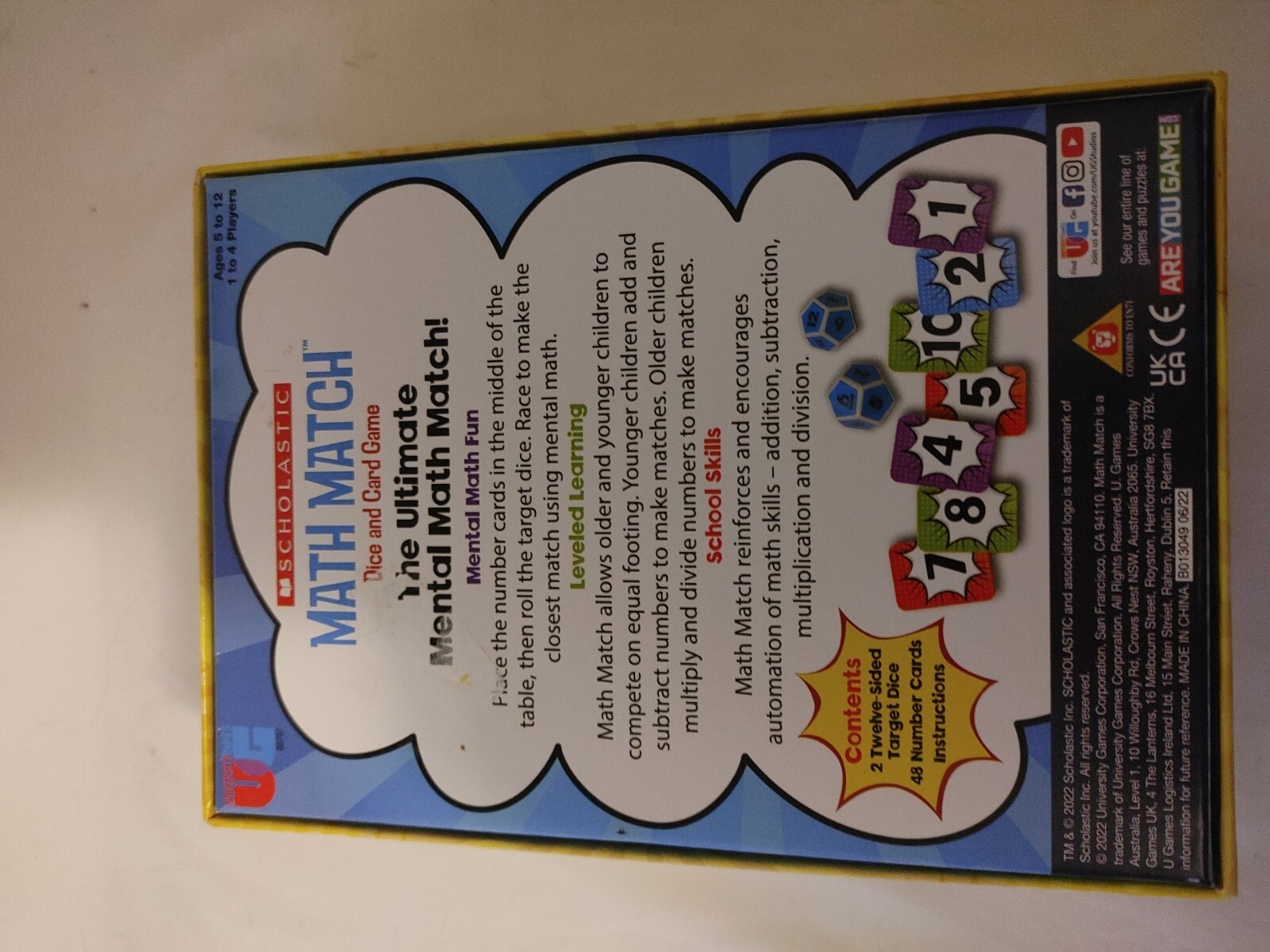 Scholastic MATH MATCH Dice and Card Game Educational Practice. Home School. New