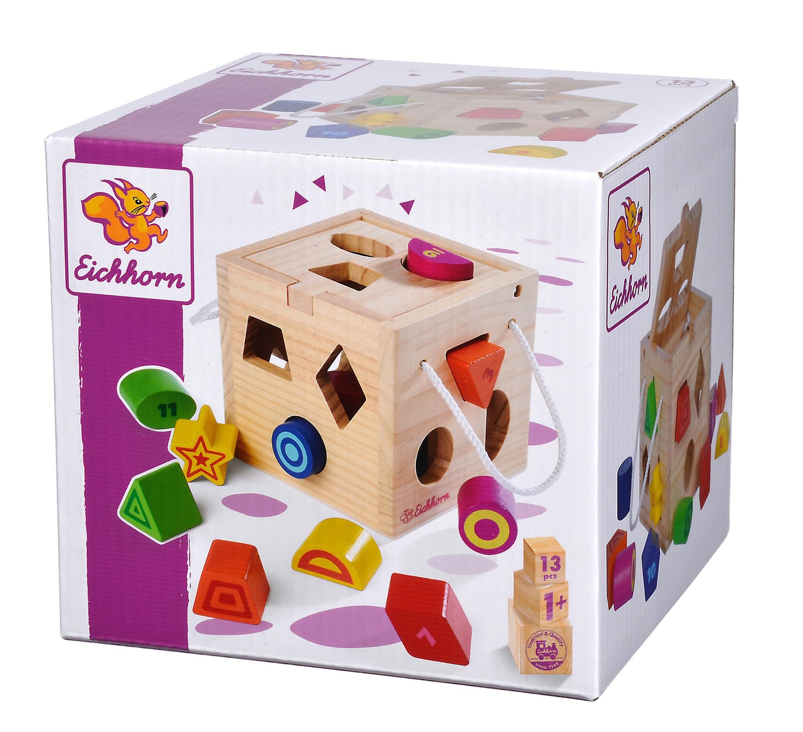 Eichhorn Wooden Shape Sorting Cube with 12 Colourful Blocks with Number and Lett