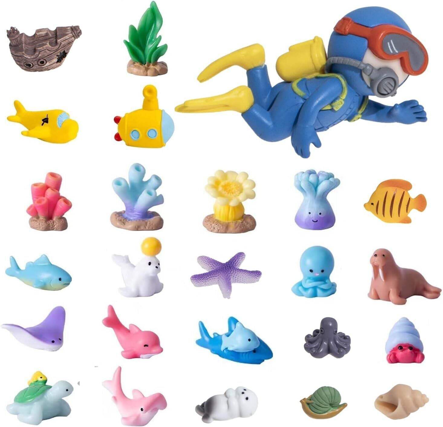 -25PCS Mini Diver Marine Animal Resin Set, Statue Decoration