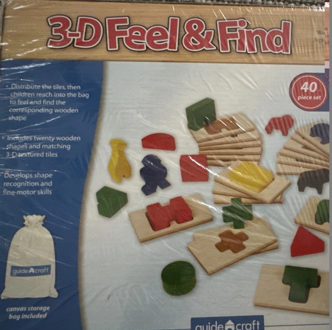 Vintage Guidecraft 3D Feel and Find – Wooden Sensory Matching Game w Canvas Bag