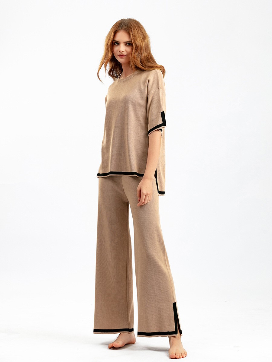 Short sleeved knit shirt+high waist slimming wide leg pants, two-piece set of pa