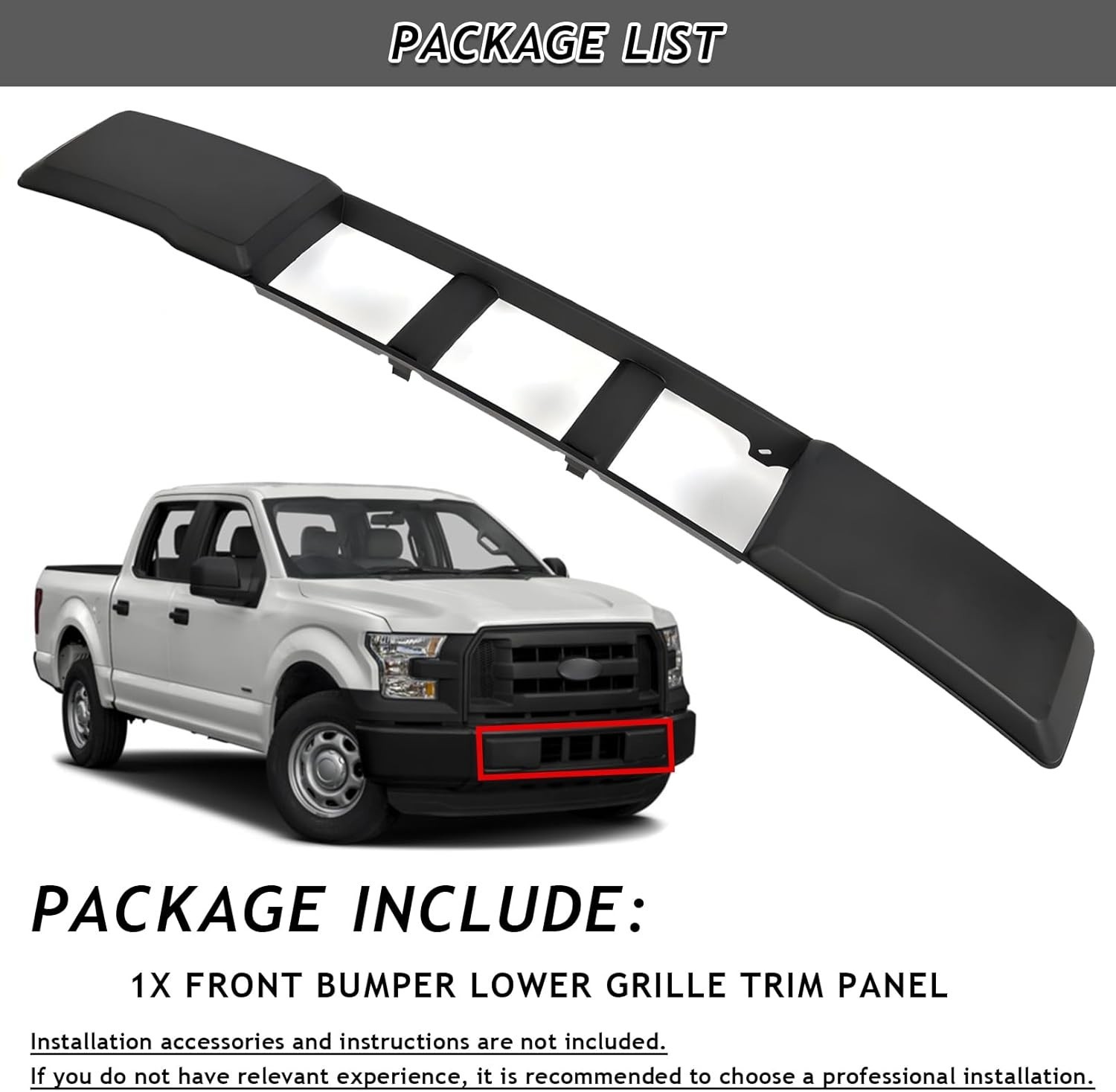 Front Lower Grille Trim Panel Compatible With 2015-2017 Ford F-150 F150 Black…