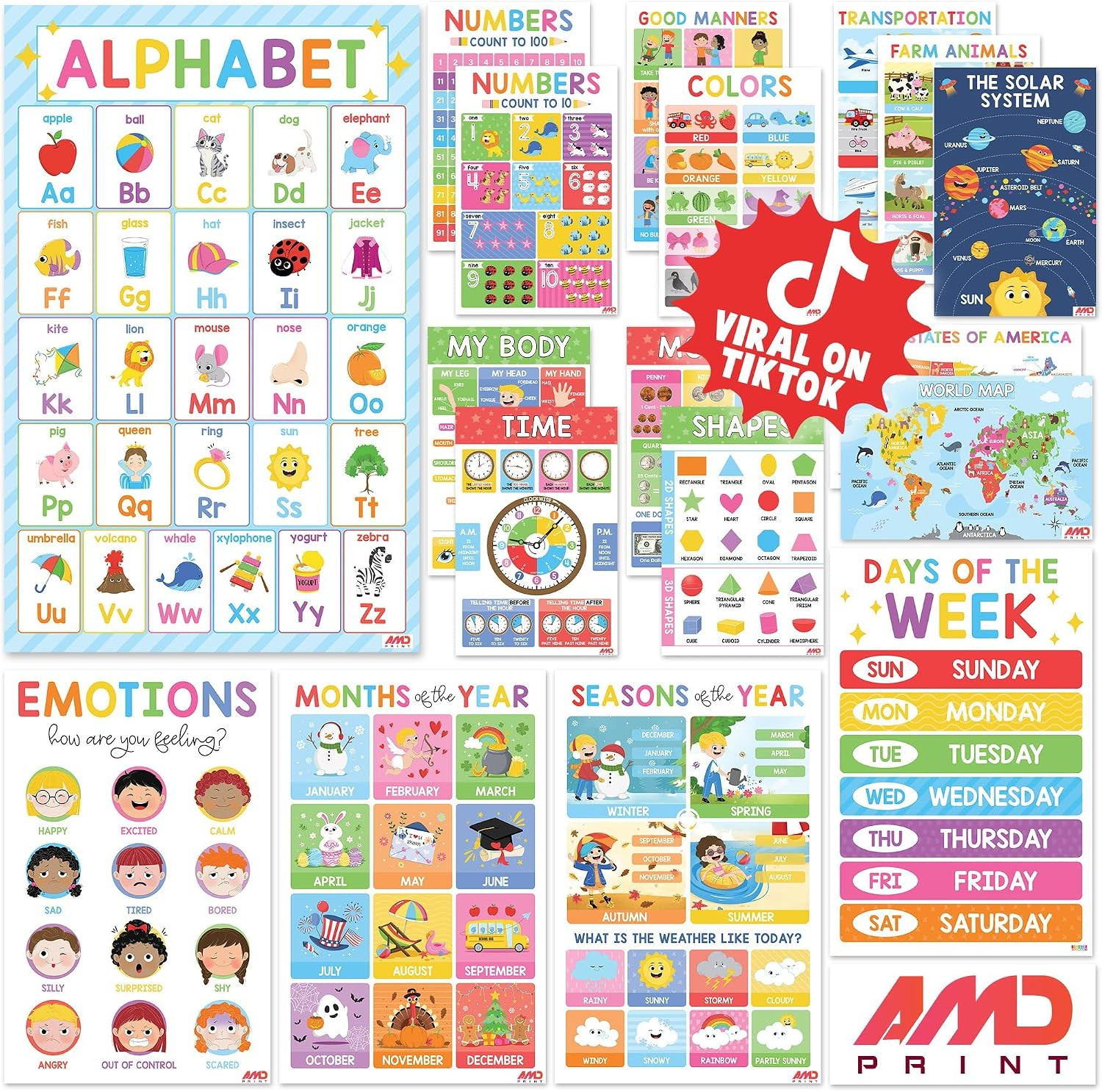BEAWART 18 Laminated Educational Posters for Toddlers, Preschool Posters for Cla