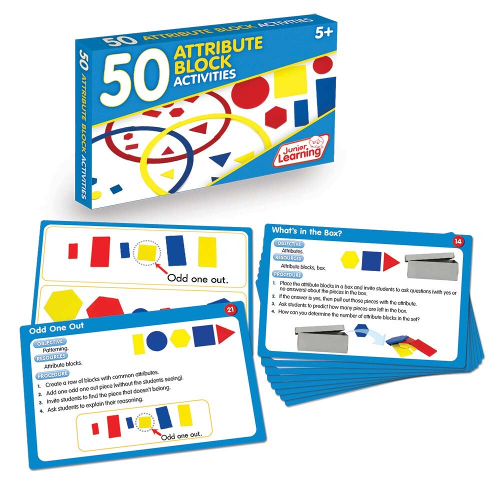 New 50 ATTRIBUTE BLOCK ACTIVITIES Learning CARD SET Math Shapes Sizes Colors NIB