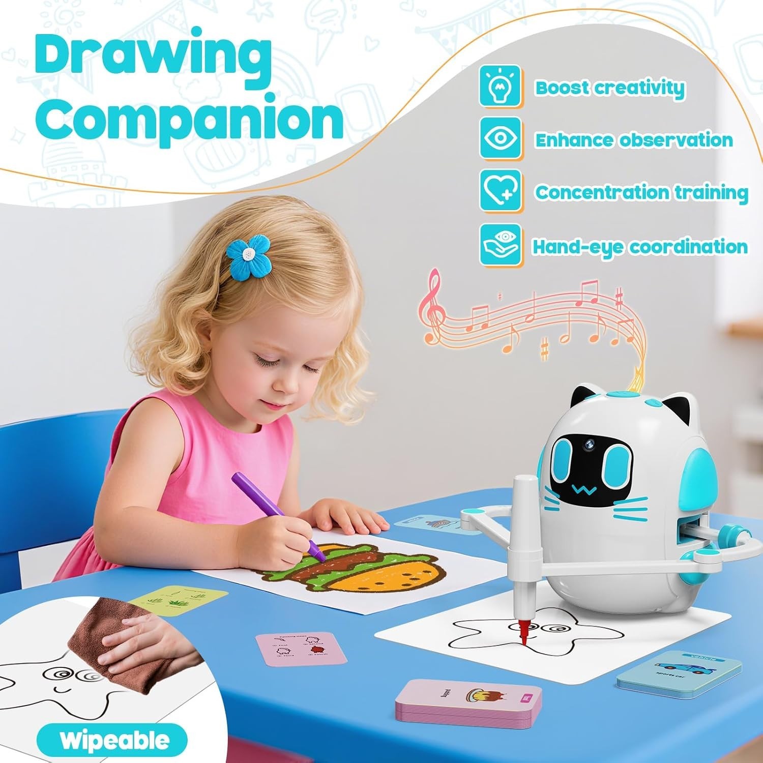 Creative Drawing Robot for Ages 3+ | 150 Cards & Color Pens – Safe & Engaging