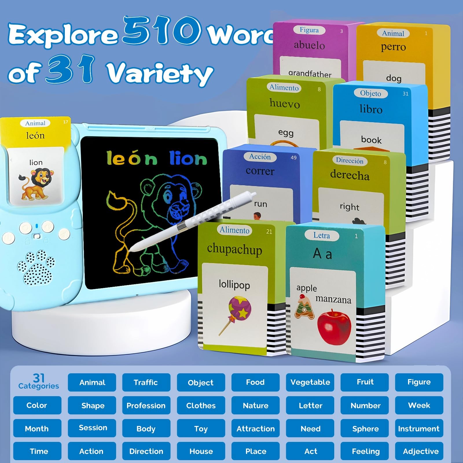 Talking English & Spanish Flash Cards – 8″ LCD Writing Tablet for Kids 3-12, …