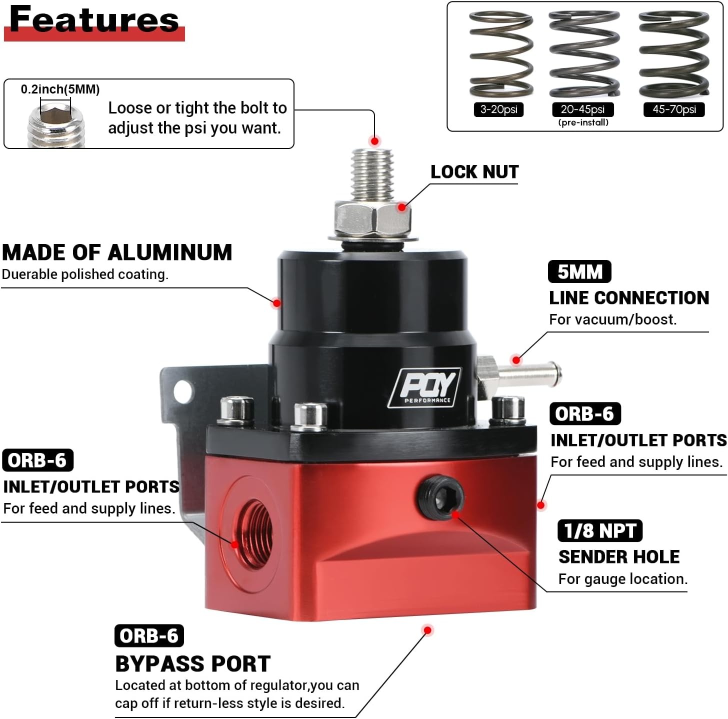 Adjustable Fuel Pressure Regulator Kit 3-70PSI With 6AN Return and 6AN feed Port
