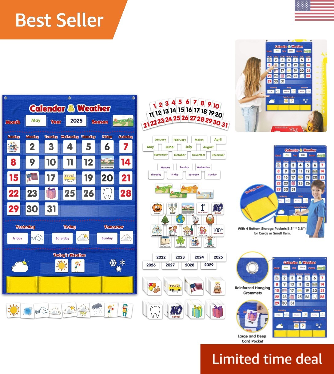 Durable Blue Calendar & Weather Pocket Chart for Preschool Learning – 149 Cards