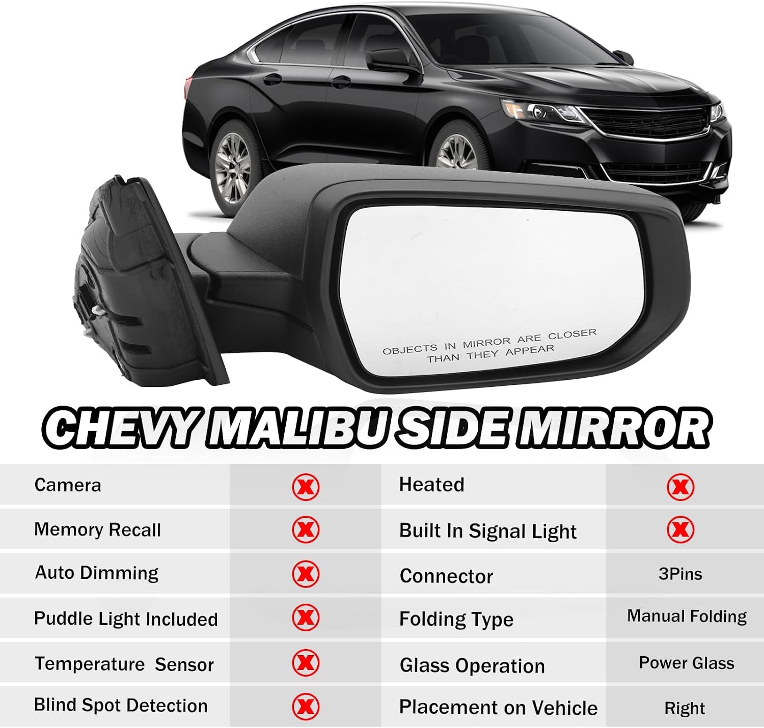 Passenger Side View Mirror For Chevy Malibu 2016-2022 Non Heat