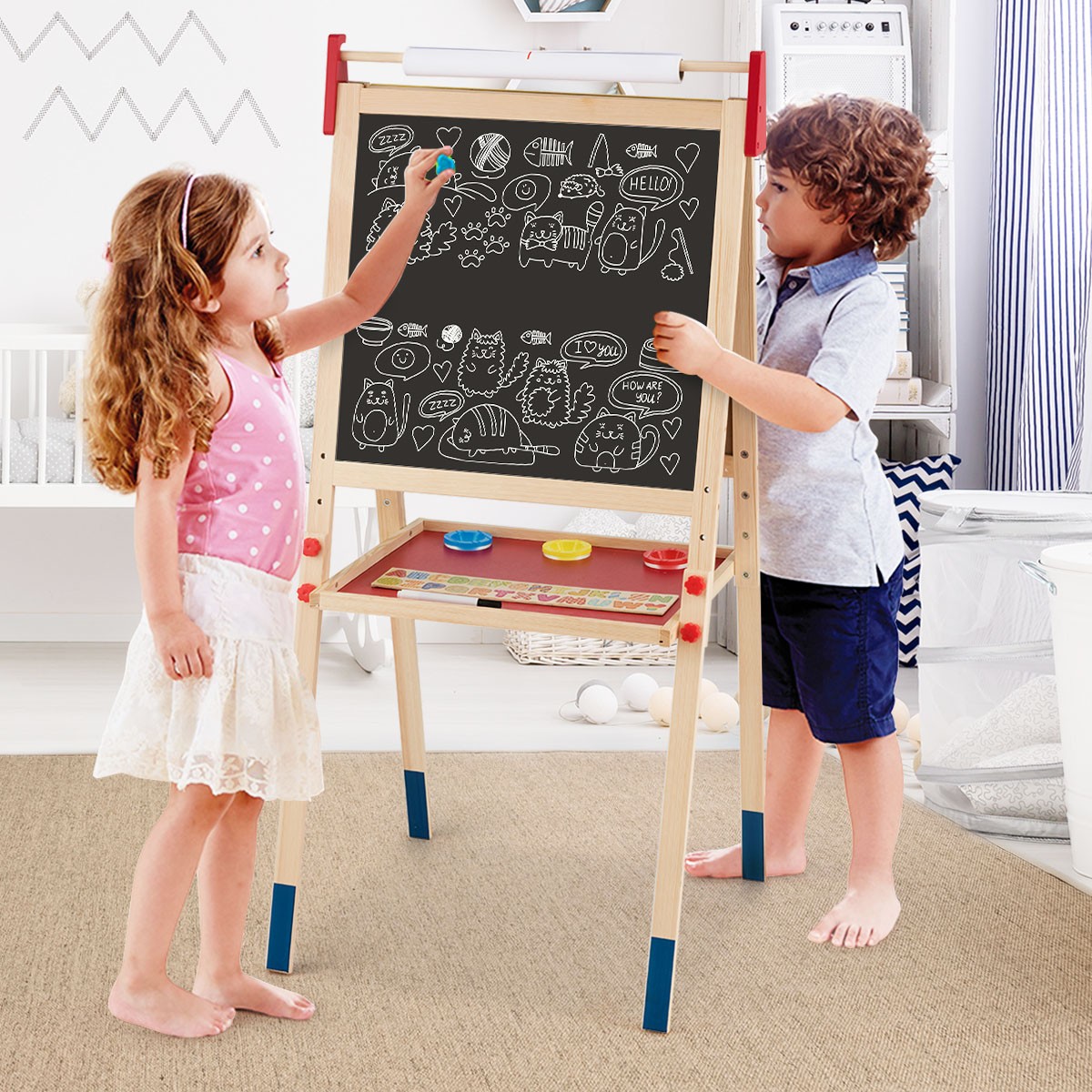 All-in-One Wooden Kid’s Art Easel Height Adjustable Activity Easel w/Paper Roll