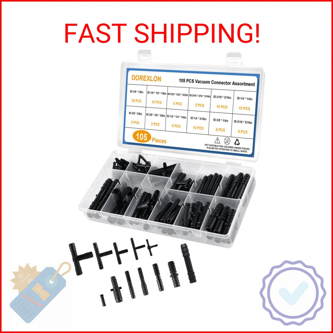 105PCS Automotive Vacuum Connector Assortment, 1/8″ 3/16″ 1/4″ 5/16″ 3/8″ Vacuum