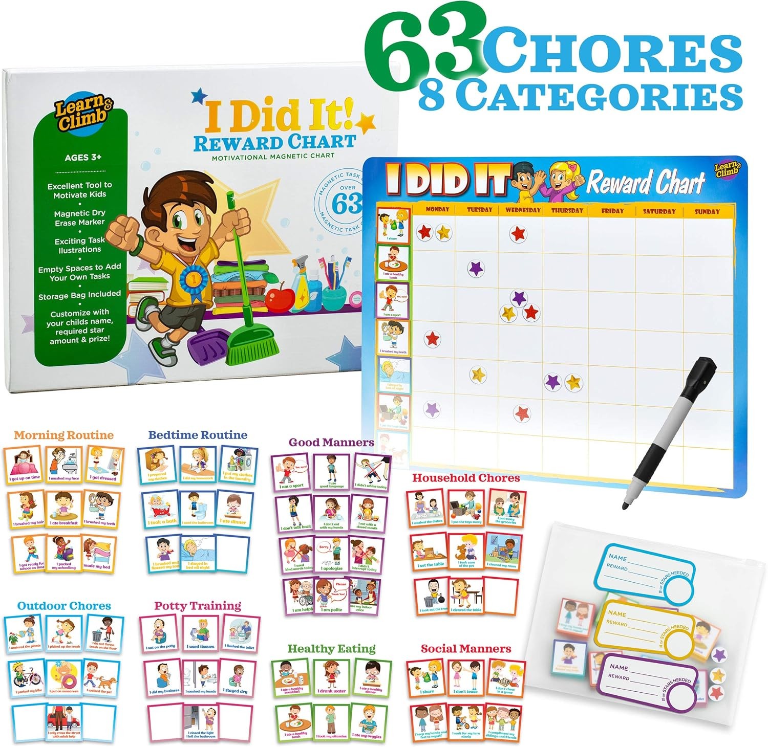 Kids Behavior Reward Chart – 63 Chores as Potty Train, & More. “Thick Magnetic”
