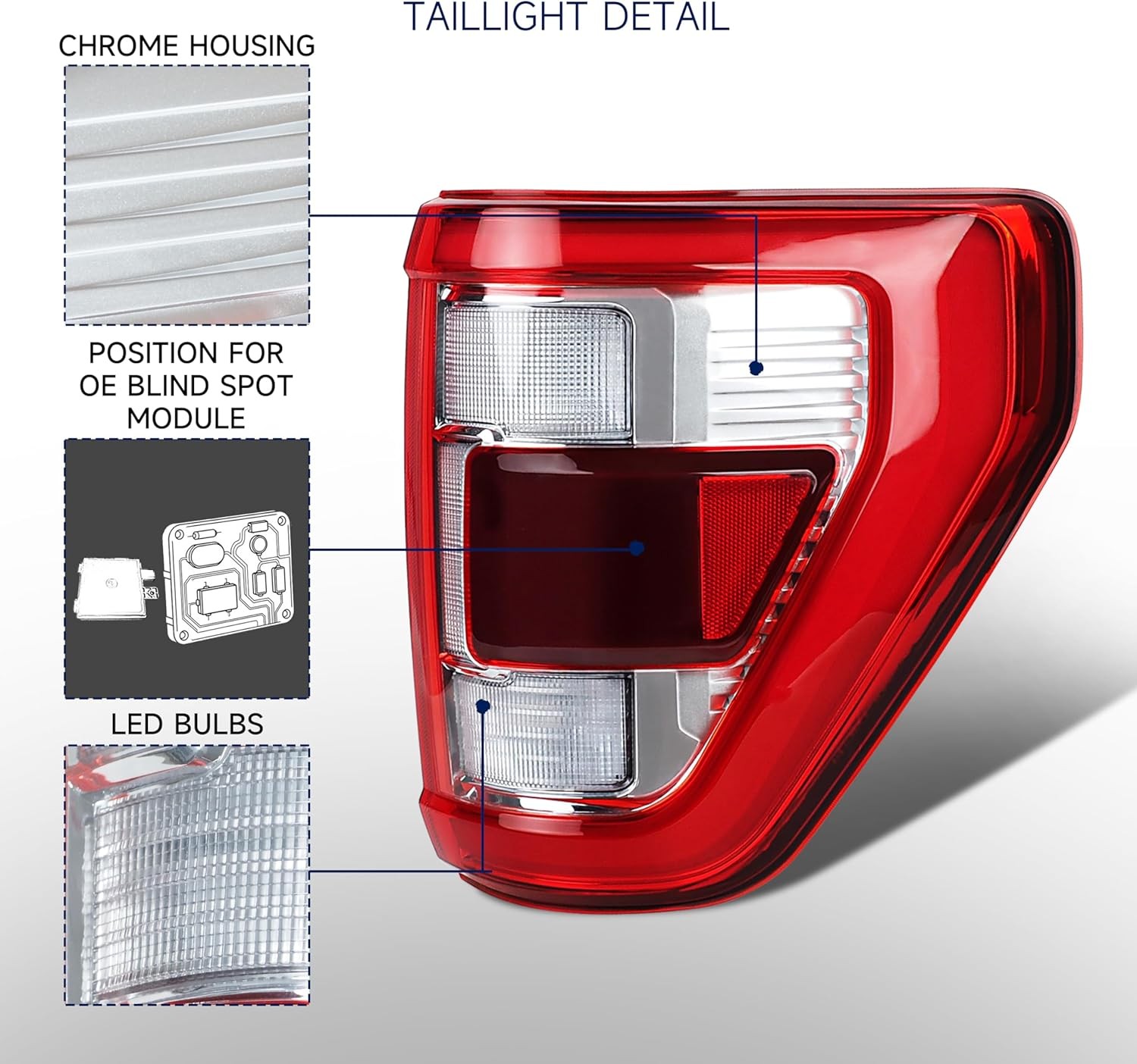 21-23 Ford F150 LED Tail Light Chrome Right Passenger Blind Spot Ready