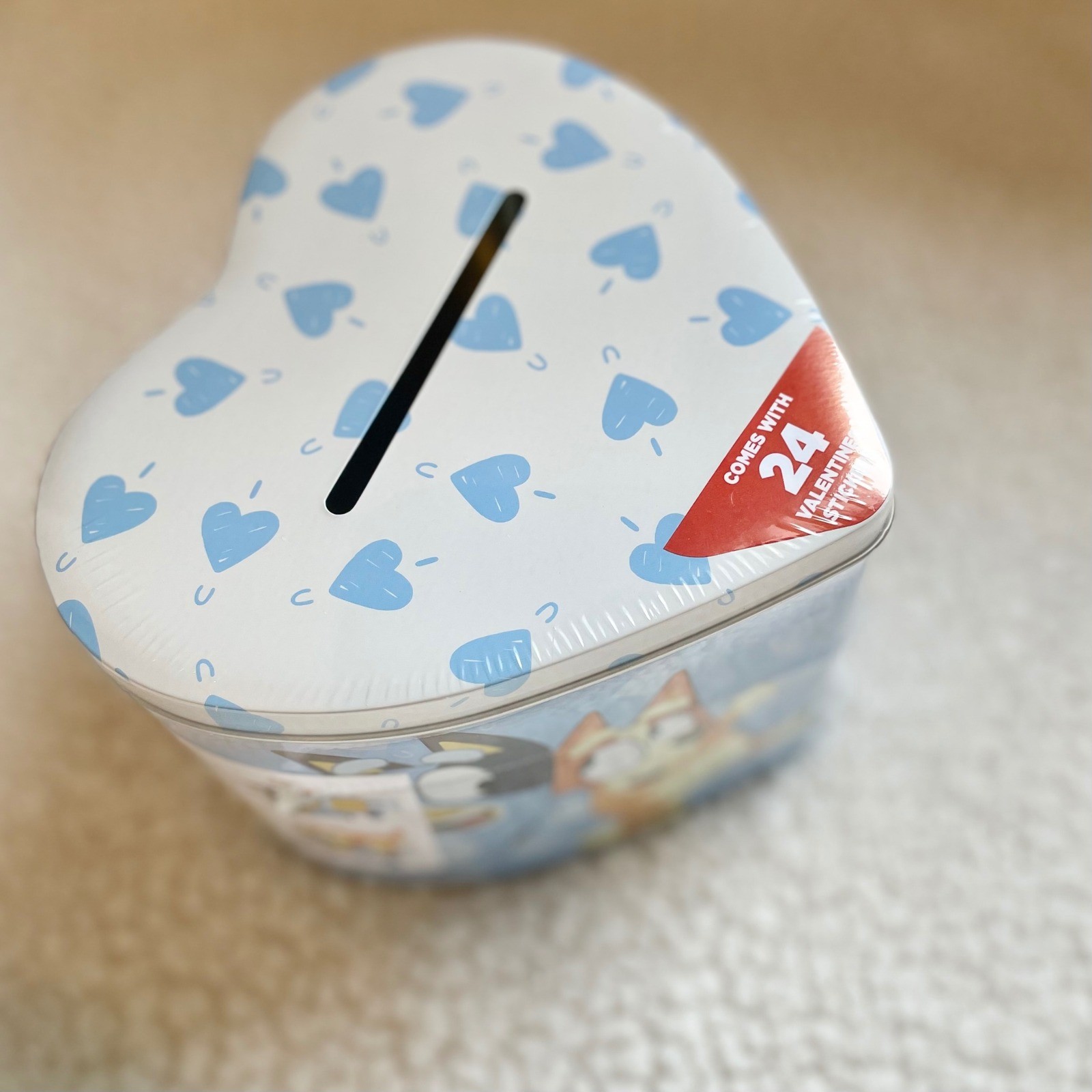 Bluey Bingo Heart Tin Piggy Bank with 24 Valentine Stickers Blue Metal Box Kids