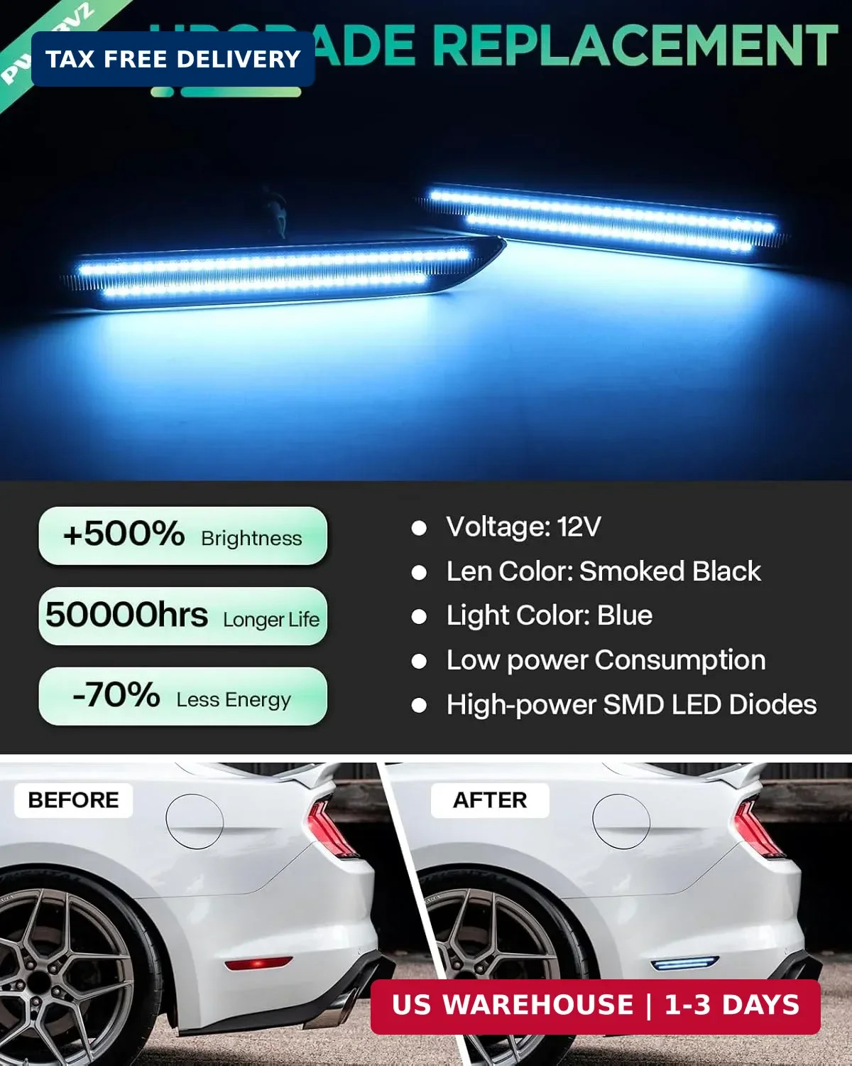 Rear Blue Side Marker Lights for Ford Mustang 2015 2016 2017 2018 2019 2020 2021