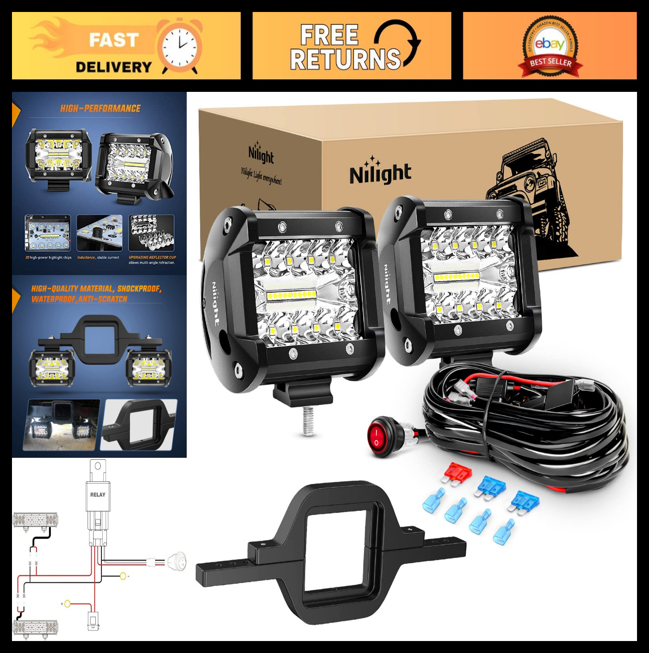 60W LED Pods – 4 Inch Off-Road Lights with Tow Hitch Mount Brackets for Trucks,