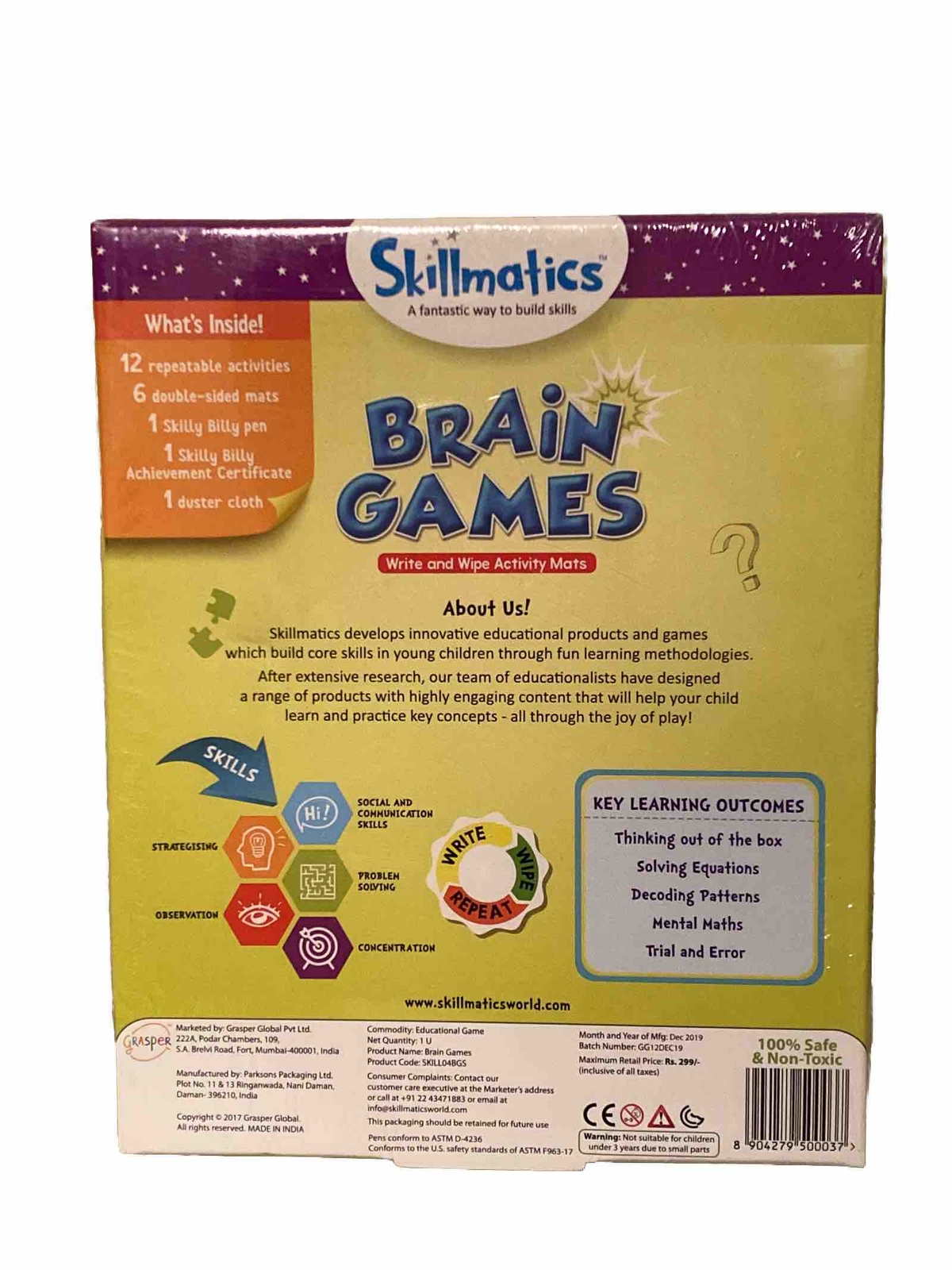 Skillmatics BRAIN GAMES write and Wipe Activity Mats, Ages 6-99 Years NEW SEALED