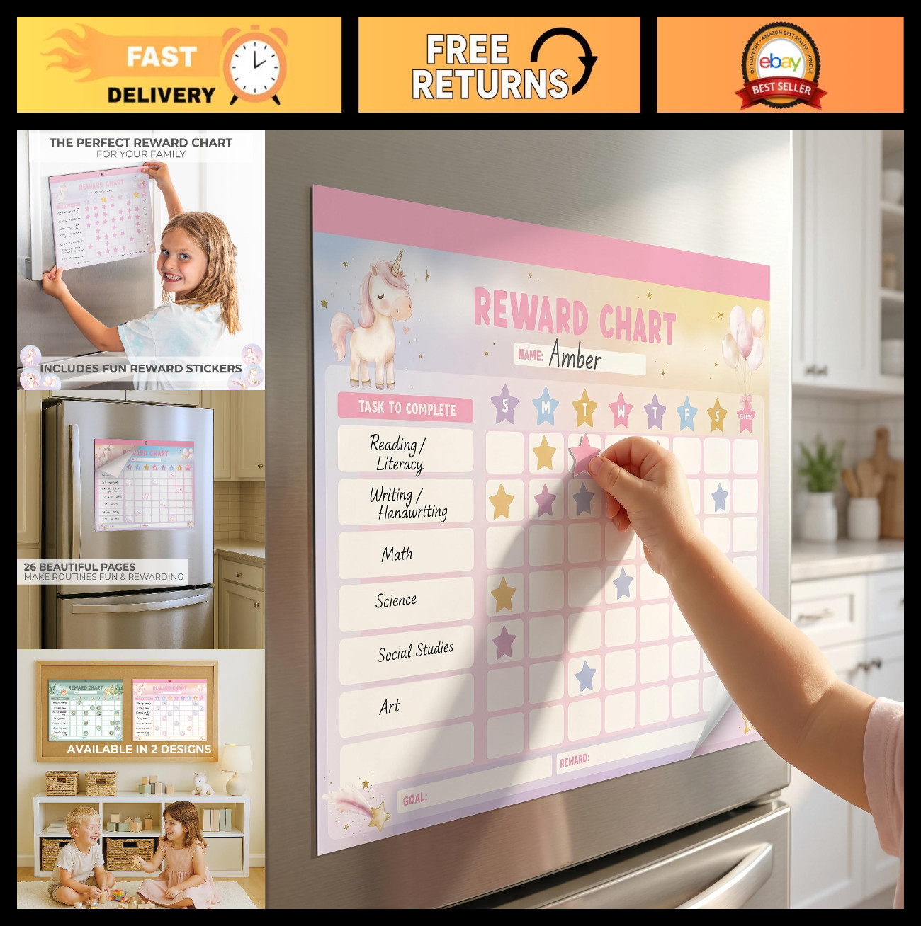 Magnetic Reward Chart for Kids – Motivational Chore Chart with Stickers, Unicorn