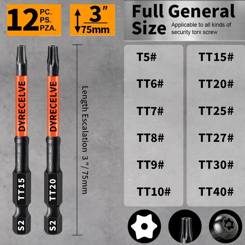 12-Pack Impact Security Torx Bit Set (T5-T40) 3-Inch Long, S2 Steel,