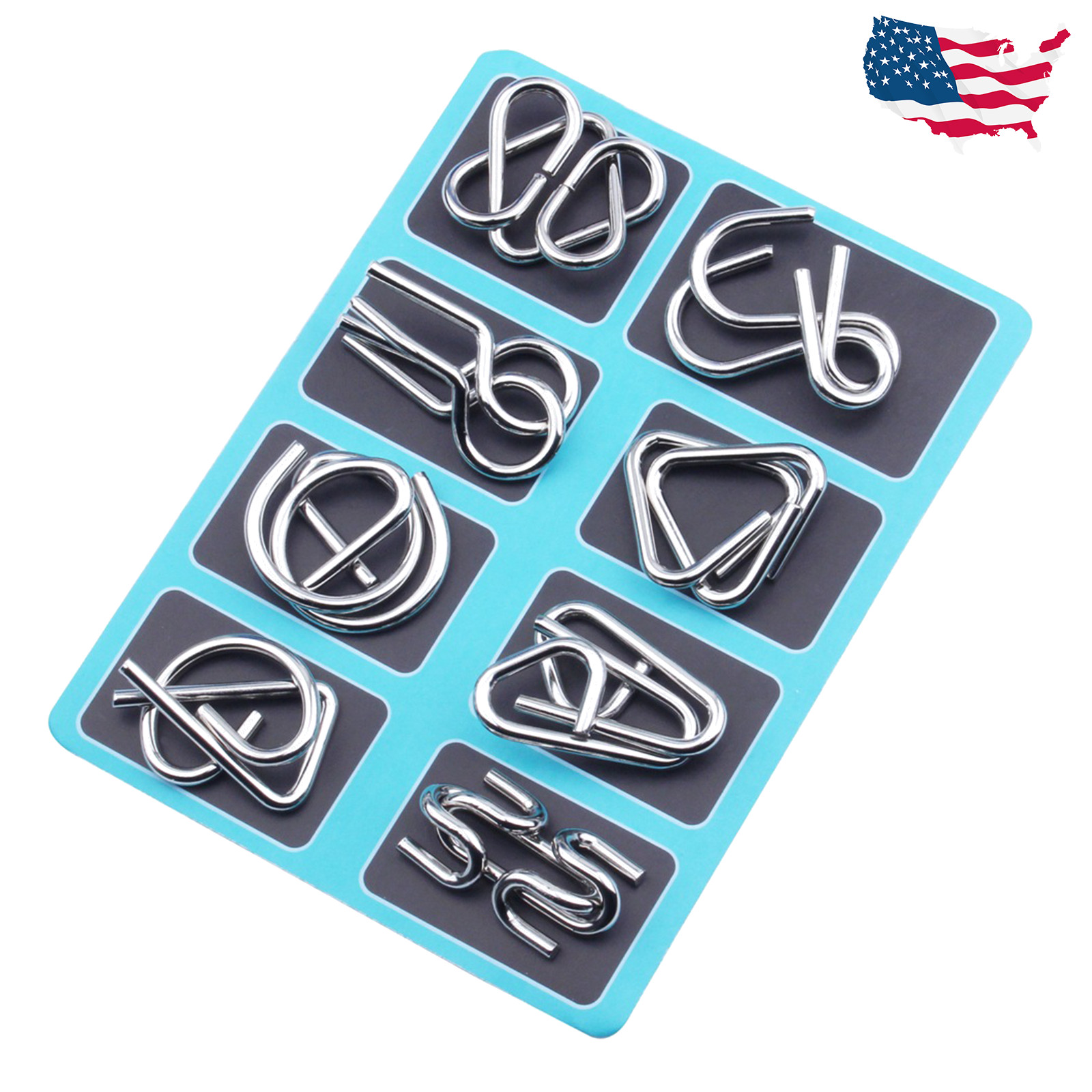 8PCS Brain Teaser Metal Wire Puzzle Set Blue Kids Adults Gift Toy
