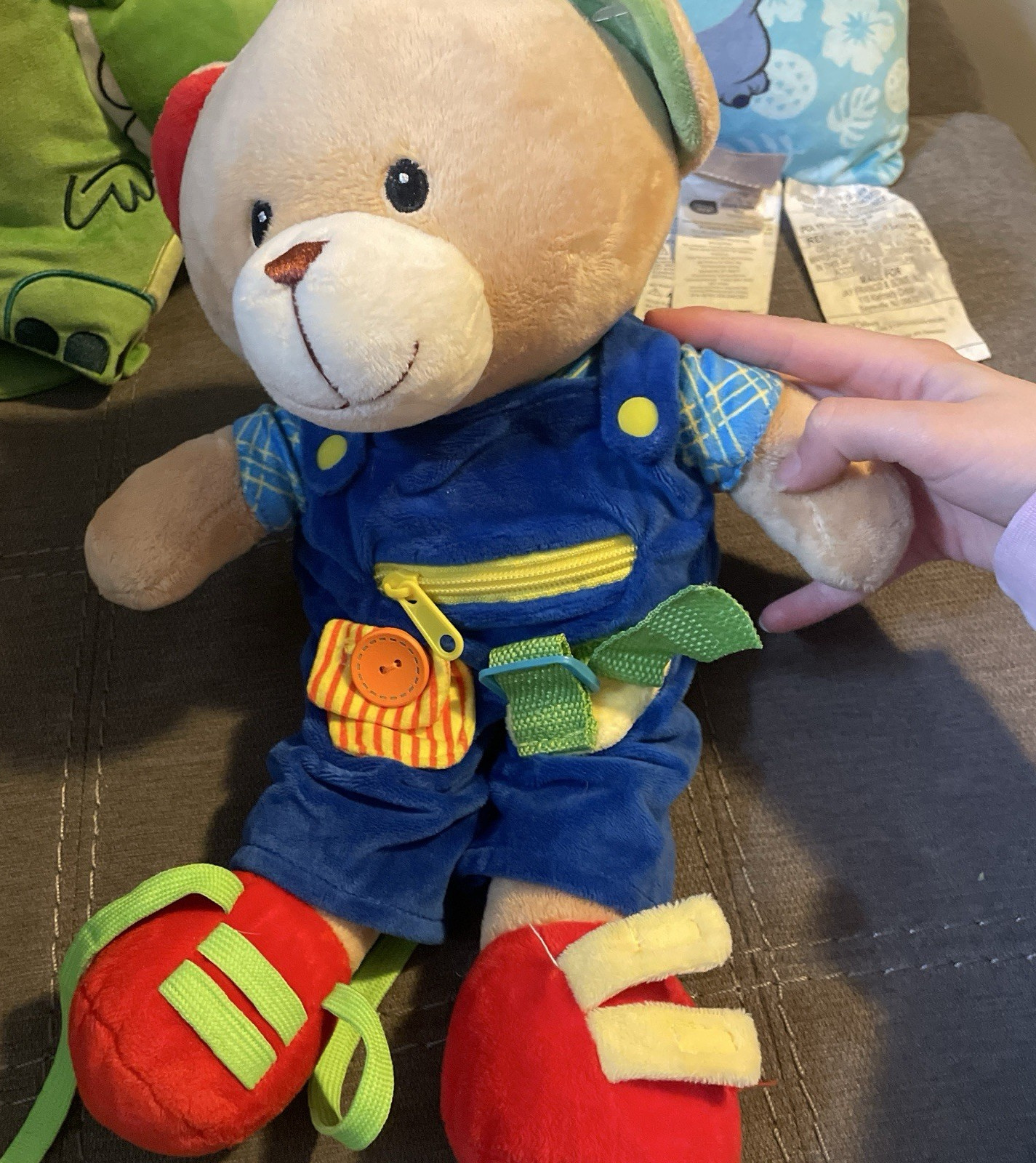 Bear Plush Stuffed Toy with Zipper, Button, Straps, Multicolor Dress-Up Features