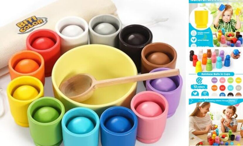 Ball in Cup Montessori Wooden Rainbow Color Sorting Toy for 12 Ball-40mm