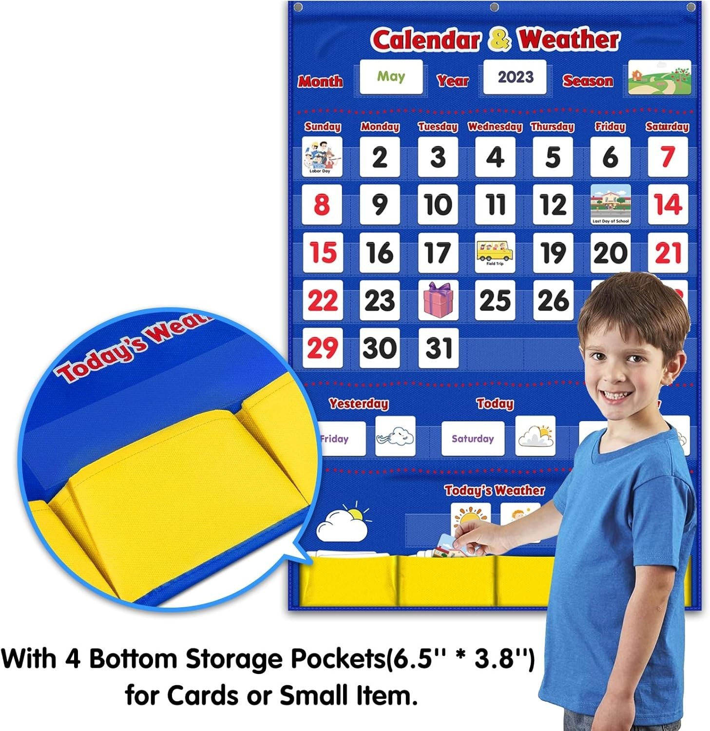 Durable Blue Calendar & Weather Pocket Chart for Preschool Learning – 149 Cards