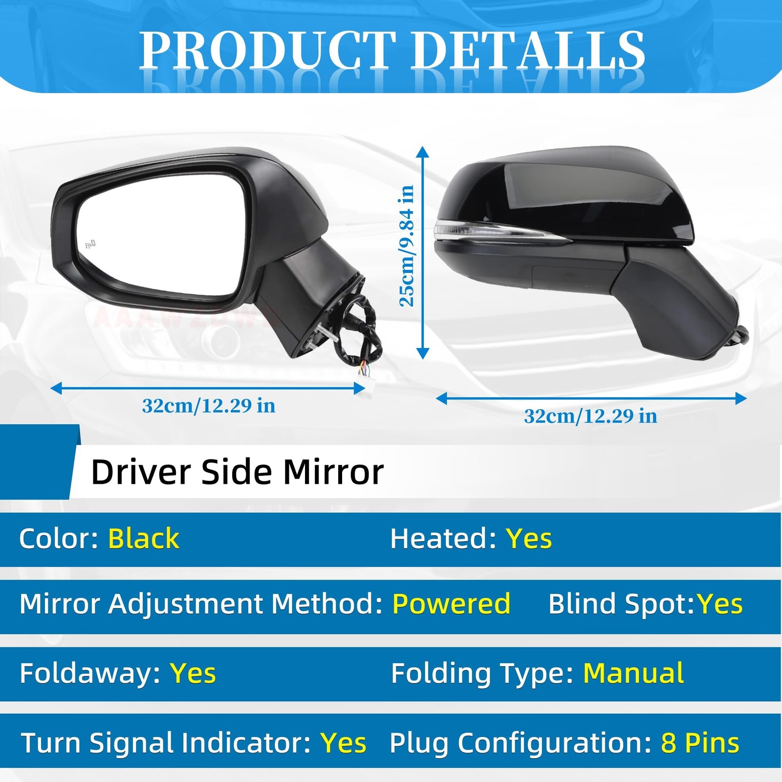 Black Left Driver Side Mirror Replacement For Toyota Rav4 2019-2023 Power Gla…