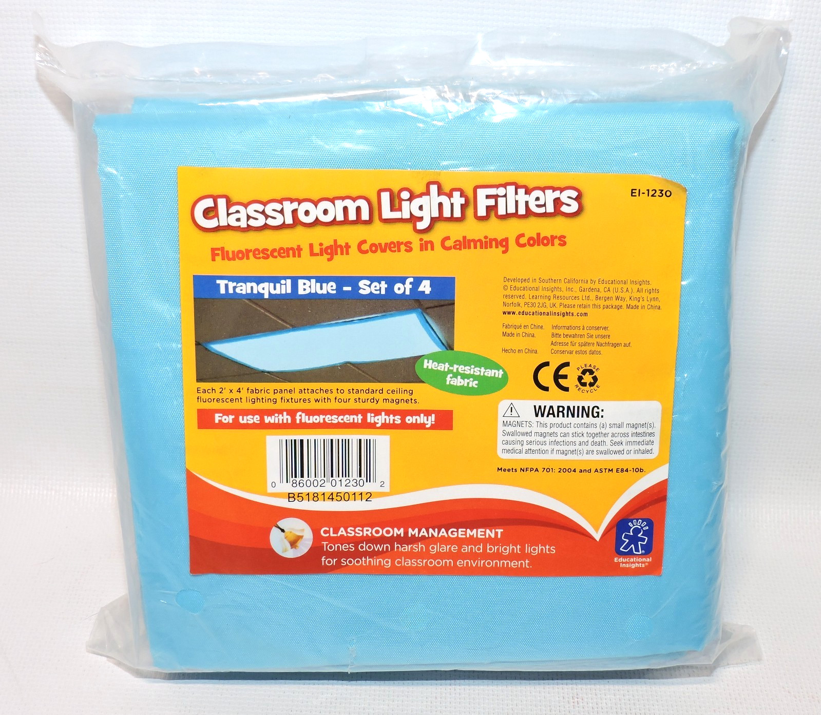 Classroom Fluorescent Light Filters Tranquil Blue Calming Covers, SET OF 4, NEW